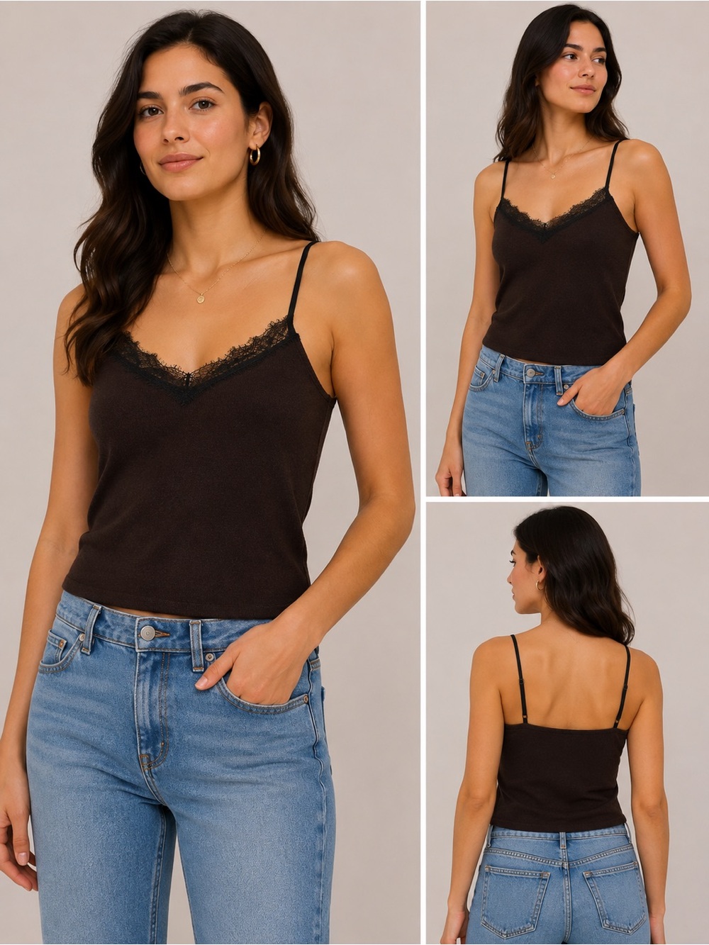 Everly Dark Brown Lace Trim V-Neck Cami